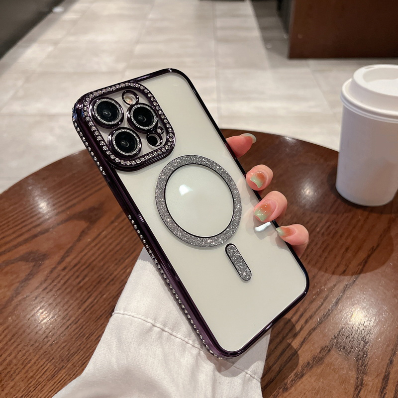 Ốp Điện Thoại Dẻo Trong Suốt Viền Kim Cương Giả Sang Trọng Kèm Sạc Không Dây Chống Sốc Cho iPhone 14 Plus 13 12 11 Pro Max