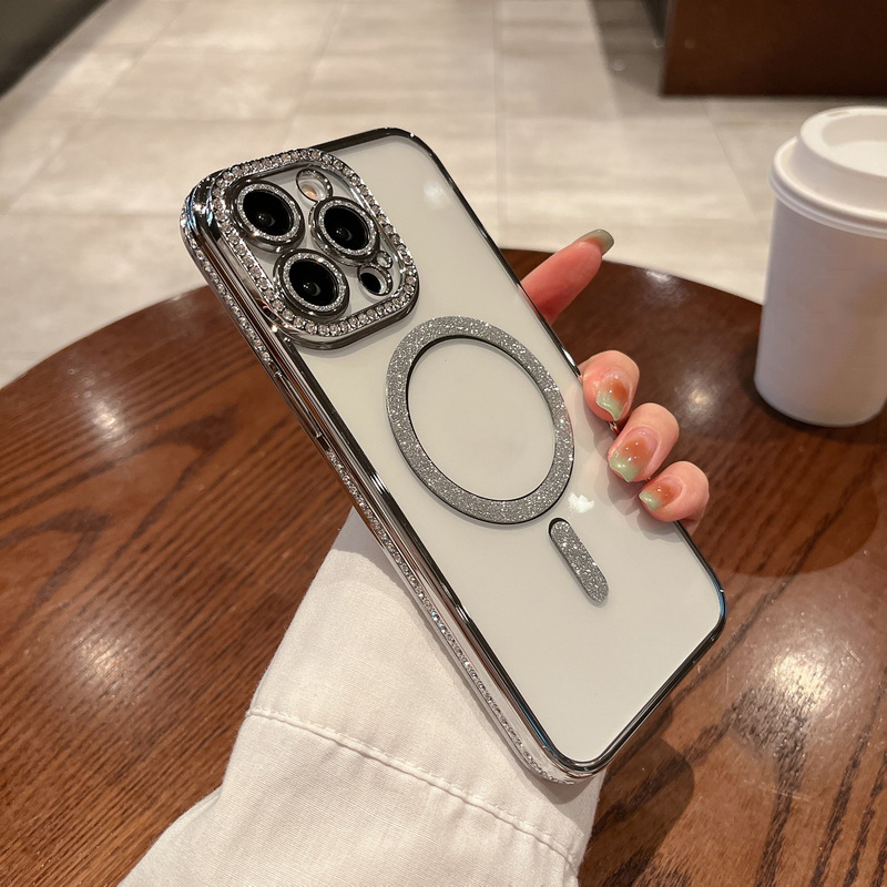 Ốp Điện Thoại Dẻo Trong Suốt Viền Kim Cương Giả Sang Trọng Kèm Sạc Không Dây Chống Sốc Cho iPhone 14 Plus 13 12 11 Pro Max