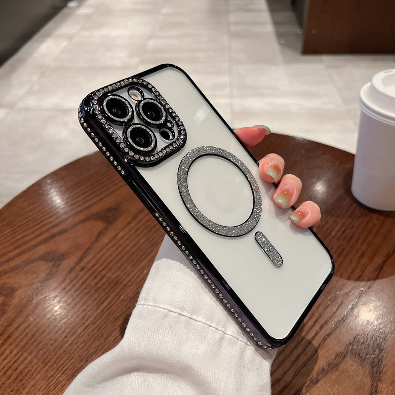 Ốp Điện Thoại Dẻo Trong Suốt Viền Kim Cương Giả Sang Trọng Kèm Sạc Không Dây Chống Sốc Cho iPhone 14 Plus 13 12 11 Pro Max