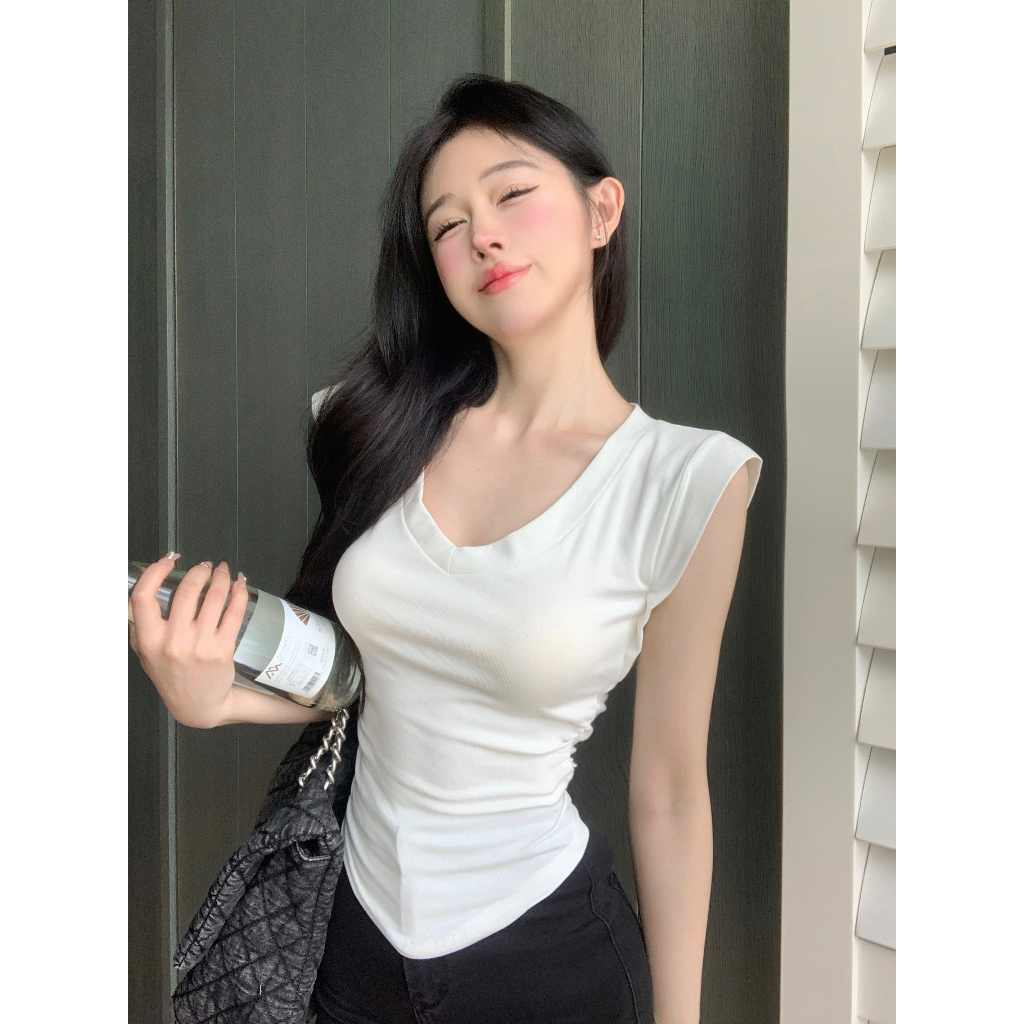 Áo Thun Tay Ngắn Cổ Chữ V Màu Trơn Quyến Rũ Dành Cho Nữ