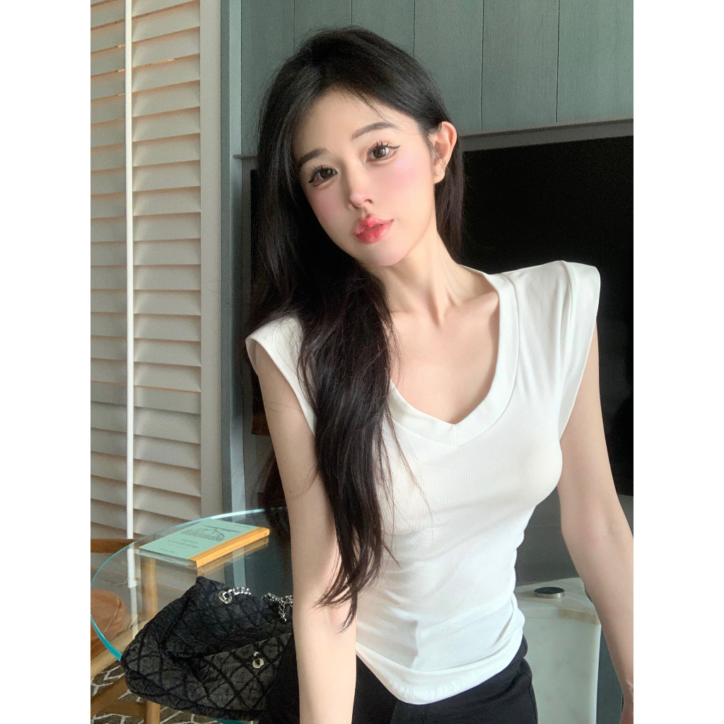 Áo Thun Tay Ngắn Cổ Chữ V Màu Trơn Quyến Rũ Dành Cho Nữ