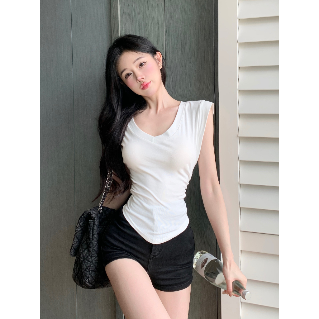 Áo Thun Tay Ngắn Cổ Chữ V Màu Trơn Quyến Rũ Dành Cho Nữ