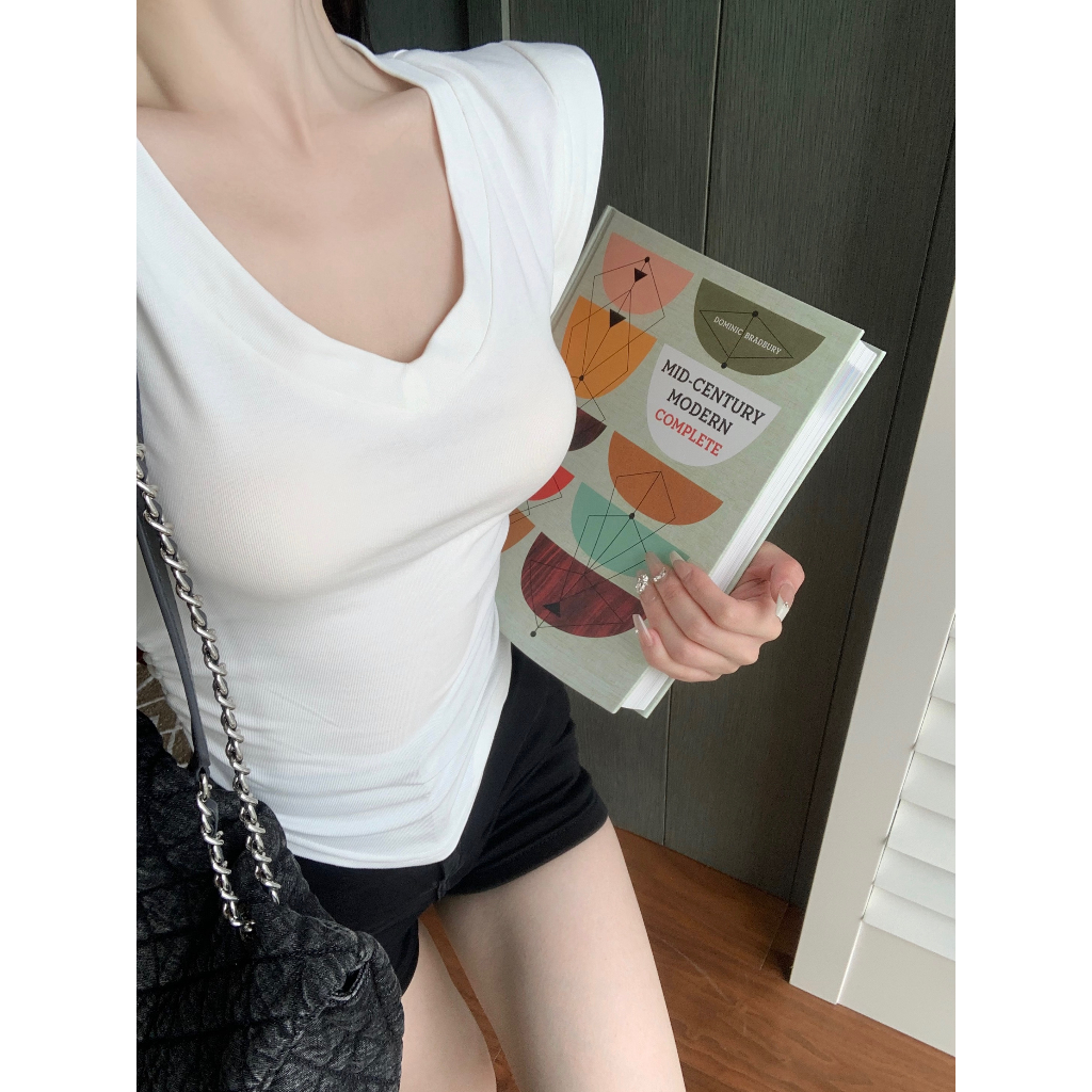 Áo Thun Tay Ngắn Cổ Chữ V Màu Trơn Quyến Rũ Dành Cho Nữ