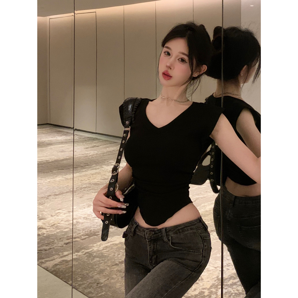 Áo Thun Tay Ngắn Cổ Chữ V Màu Trơn Quyến Rũ Dành Cho Nữ