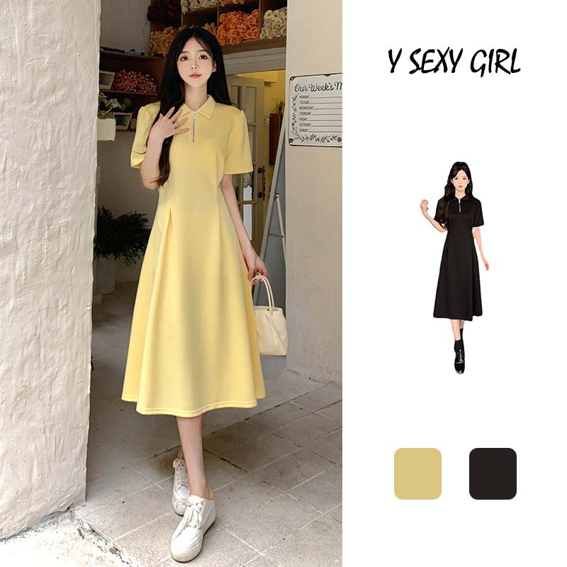 Váy Polo chất Mới polo cổ áo đầm mùa hè váy dài kiểu Pháp