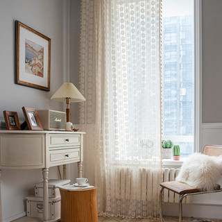 Rèm cửa vải cotton dệt kim mỏng họa tiết hoa kim cương phối tua rua trang trí cửa sổ