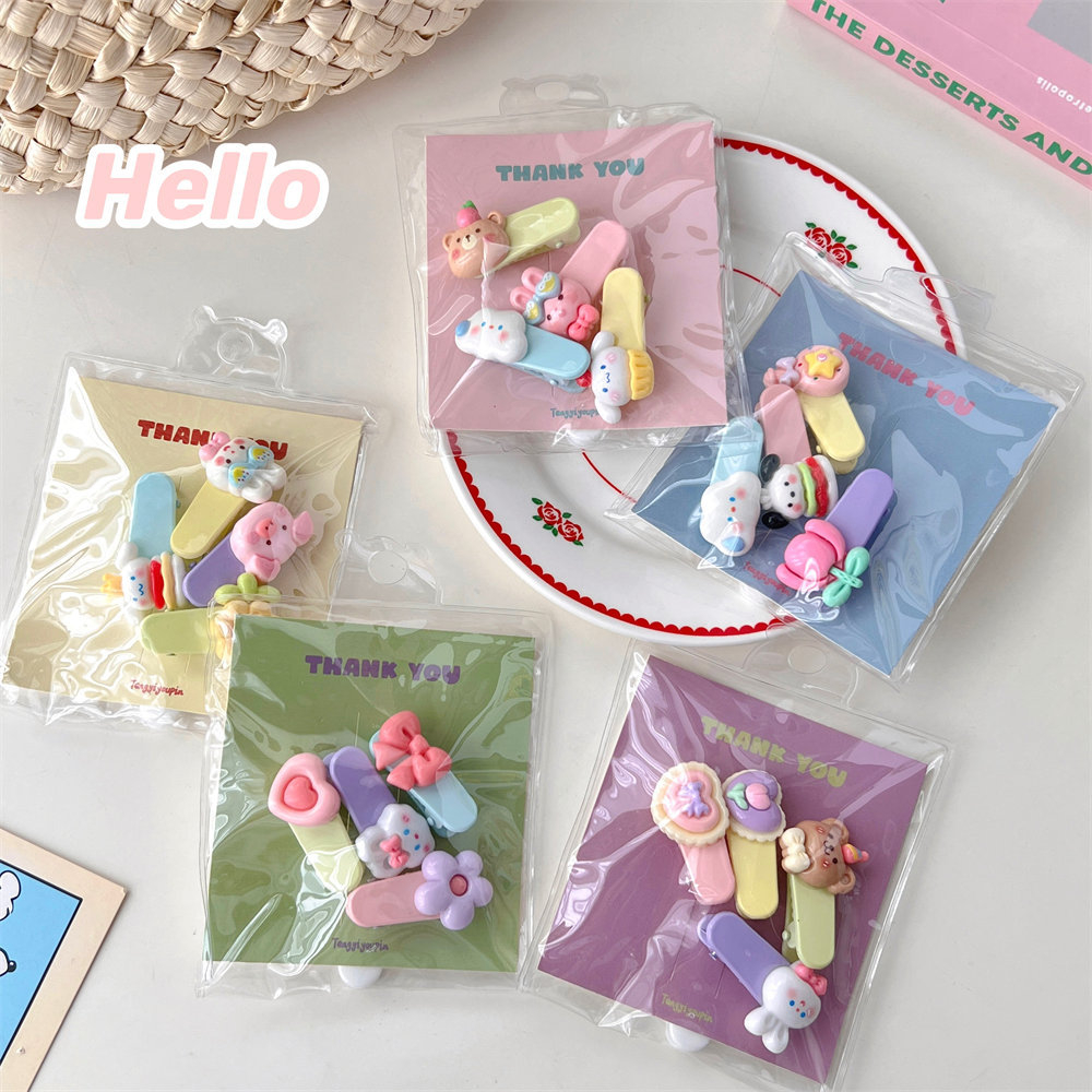 Set 4 Kẹp Tóc Hình Thỏ / Hoa / Trái Tim / Nơ Màu Kẹo Ngọt Ngào Dễ Thương Cho Nữ