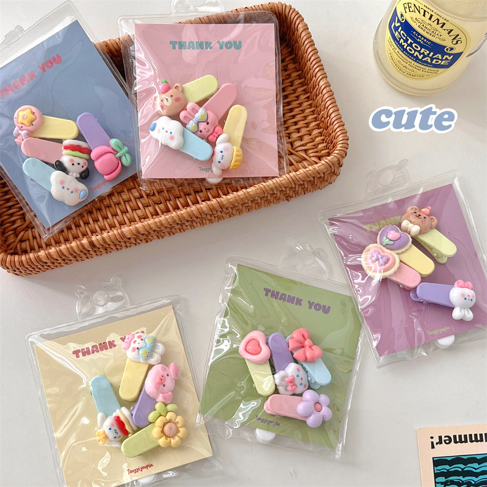 Set 4 Kẹp Tóc Hình Thỏ / Hoa / Trái Tim / Nơ Màu Kẹo Ngọt Ngào Dễ Thương Cho Nữ