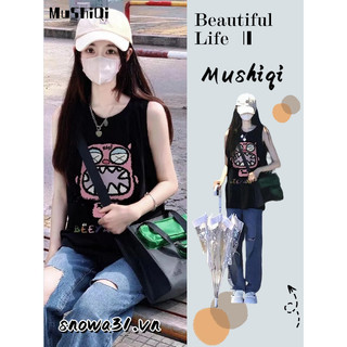 Áo Thun Cotton Sát Nách Dáng Dài In Hoạt Hình Kiểu Retro Hàn Quốc Dễ Thương Cho Nữ