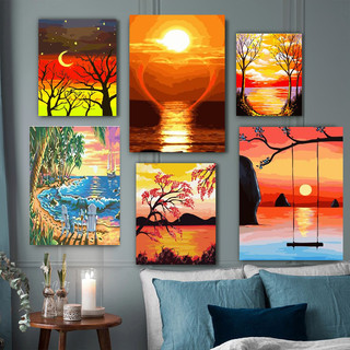 Tranh sơn dầu nghệ thuật số 40x50cm hình hoàng hôn khung ảnh và hoàng hôn 20440