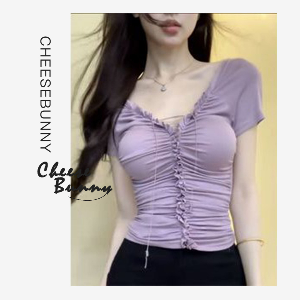 Cheesebunny Áo Thun Màu Tím Cổ Chữ V Màu Trơn Dáng Ôm