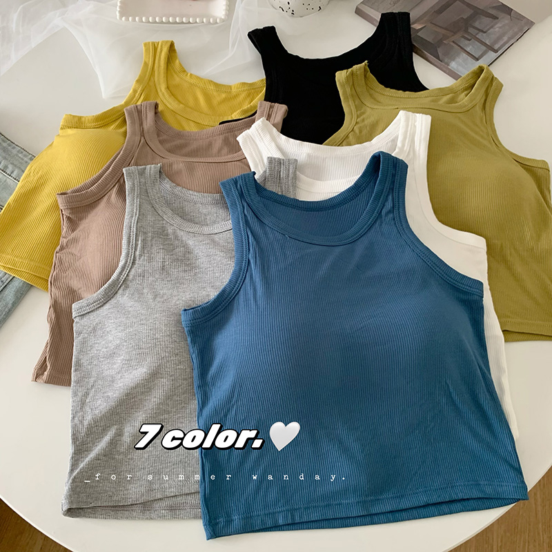 Áo Croptop Thể Thao Hai Dây Có Đệm Ngực Cổ Tròn Màu Trơn Bằng Vải Cotton Thời Trang Mùa Hè Dành Cho Bạn Nữ