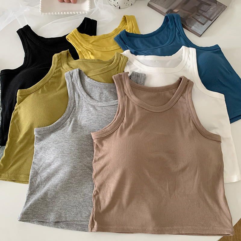 Áo Croptop Thể Thao Hai Dây Có Đệm Ngực Cổ Tròn Màu Trơn Bằng Vải Cotton Thời Trang Mùa Hè Dành Cho Bạn Nữ