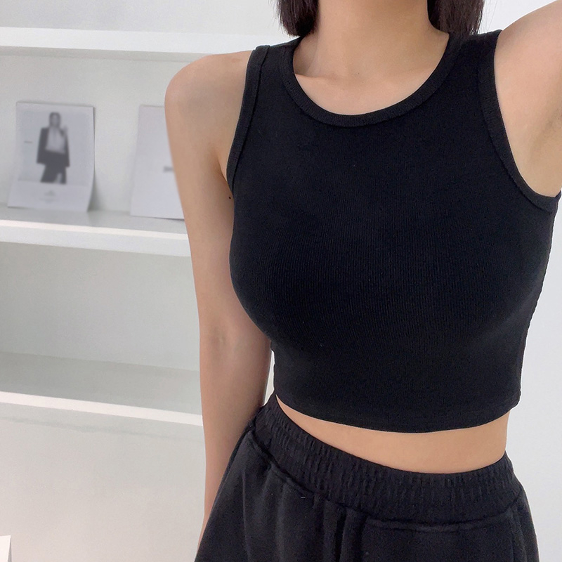 Áo Croptop Thể Thao Hai Dây Có Đệm Ngực Cổ Tròn Màu Trơn Bằng Vải Cotton Thời Trang Mùa Hè Dành Cho Bạn Nữ