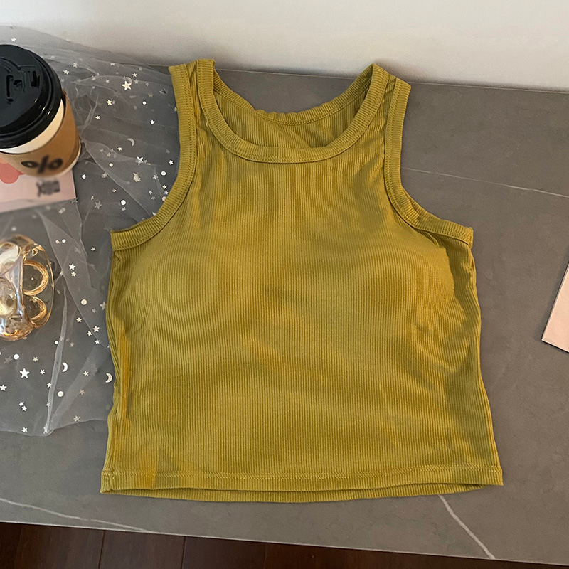 Áo Croptop Thể Thao Hai Dây Có Đệm Ngực Cổ Tròn Màu Trơn Bằng Vải Cotton Thời Trang Mùa Hè Dành Cho Bạn Nữ