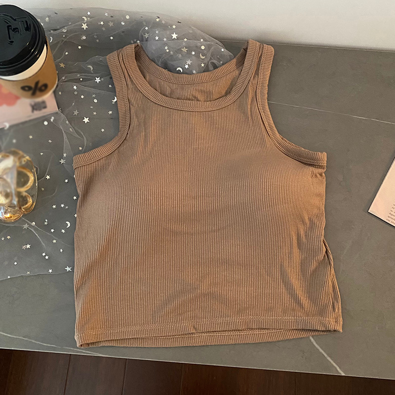 Áo Croptop Thể Thao Hai Dây Có Đệm Ngực Cổ Tròn Màu Trơn Bằng Vải Cotton Thời Trang Mùa Hè Dành Cho Bạn Nữ