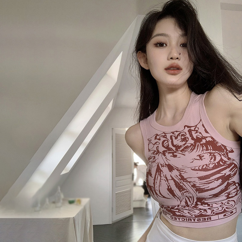 Áo Croptop Hai Dây In Họa Tiết Hoạt Hình Phong Cách Retro Mỹ Thời Trang Mùa Hè Cho Nữ