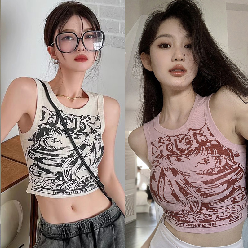 Áo Croptop Hai Dây In Họa Tiết Hoạt Hình Phong Cách Retro Mỹ Thời Trang Mùa Hè Cho Nữ