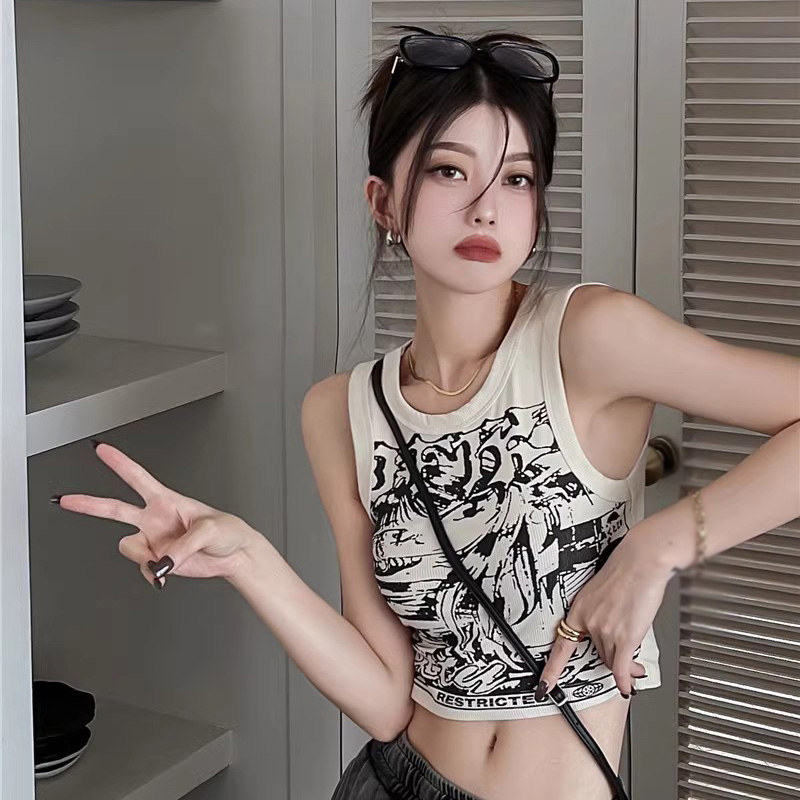 Áo Croptop Hai Dây In Họa Tiết Hoạt Hình Phong Cách Retro Mỹ Thời Trang Mùa Hè Cho Nữ