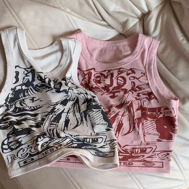 Áo Croptop Hai Dây In Họa Tiết Hoạt Hình Phong Cách Retro Mỹ Thời Trang Mùa Hè Cho Nữ