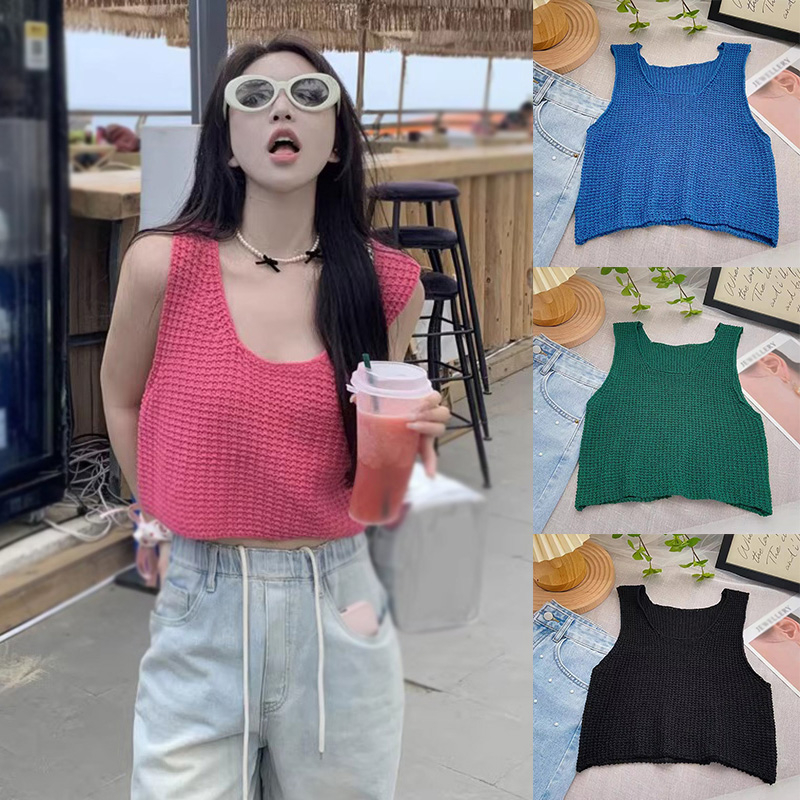 Áo Croptop Dệt Kim Cổ Tròn Màu Sắc Đơn Giản Cho Nữ
