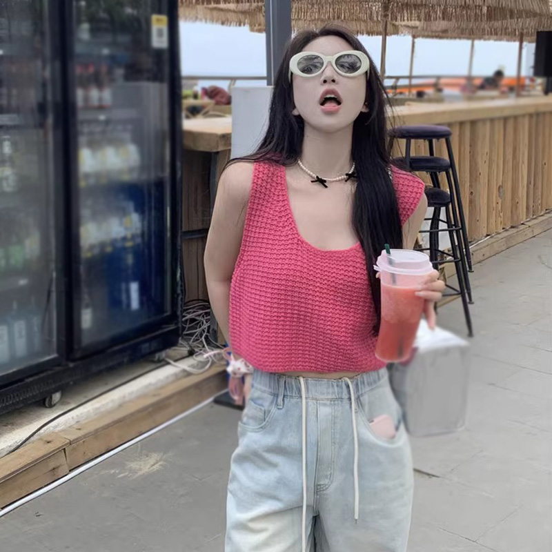 Áo Croptop Dệt Kim Cổ Tròn Màu Sắc Đơn Giản Cho Nữ