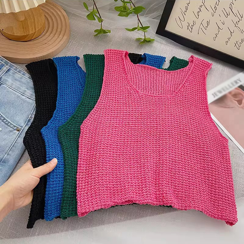 Áo Croptop Dệt Kim Cổ Tròn Màu Sắc Đơn Giản Cho Nữ