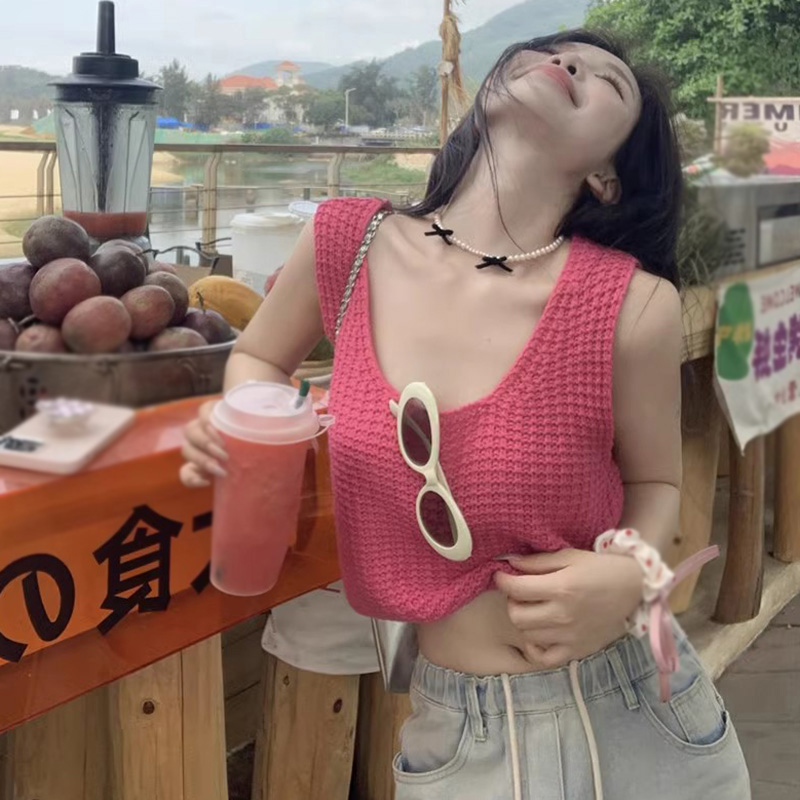 Áo Croptop Dệt Kim Cổ Tròn Màu Sắc Đơn Giản Cho Nữ