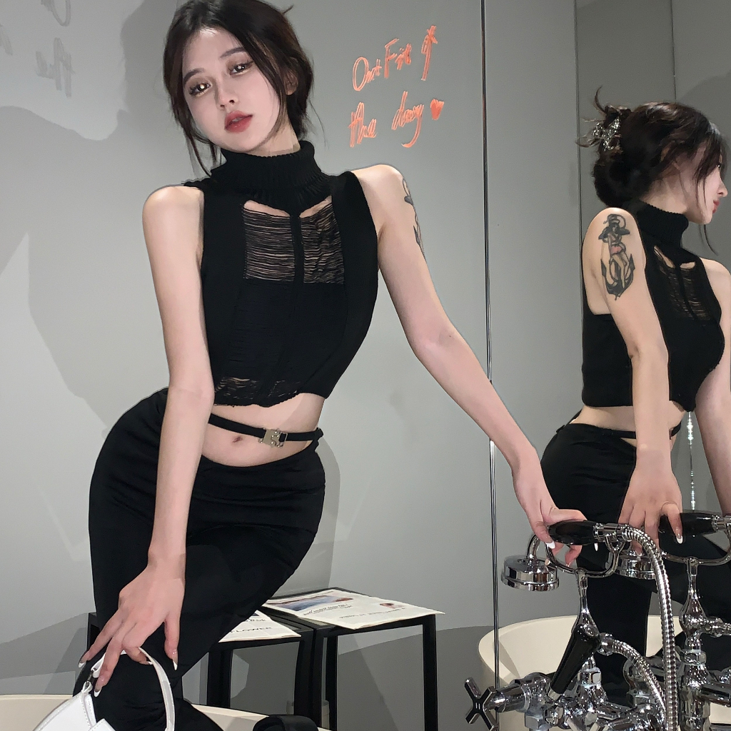 QADCOL Áo Dệt Kim Sát Nách Cổ Cao Màu Đen Quyến Rũ Thời Trang Mùa Hè Cho Nữ