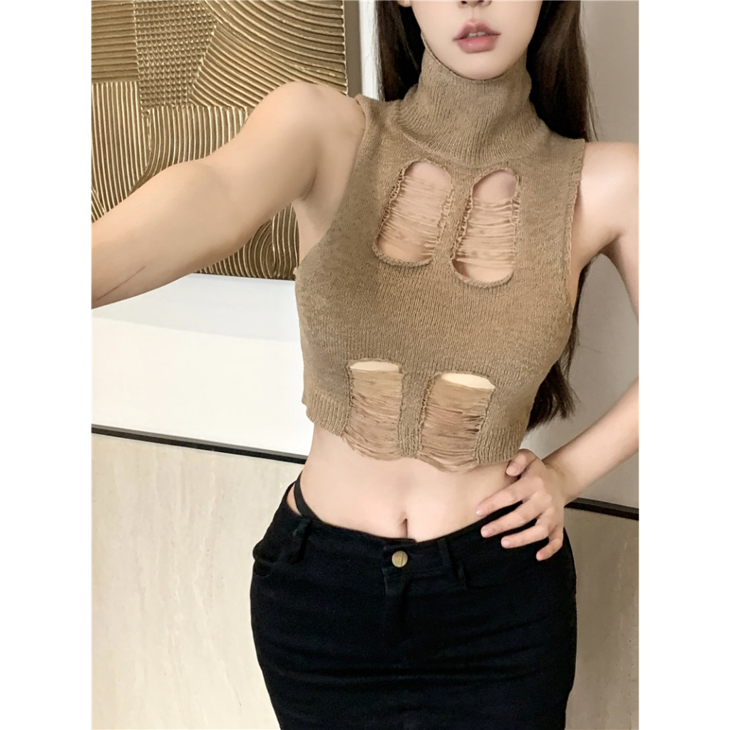 QADCOL Áo Dệt Kim Sát Nách Cổ Cao Màu Đen Quyến Rũ Thời Trang Mùa Hè Cho Nữ