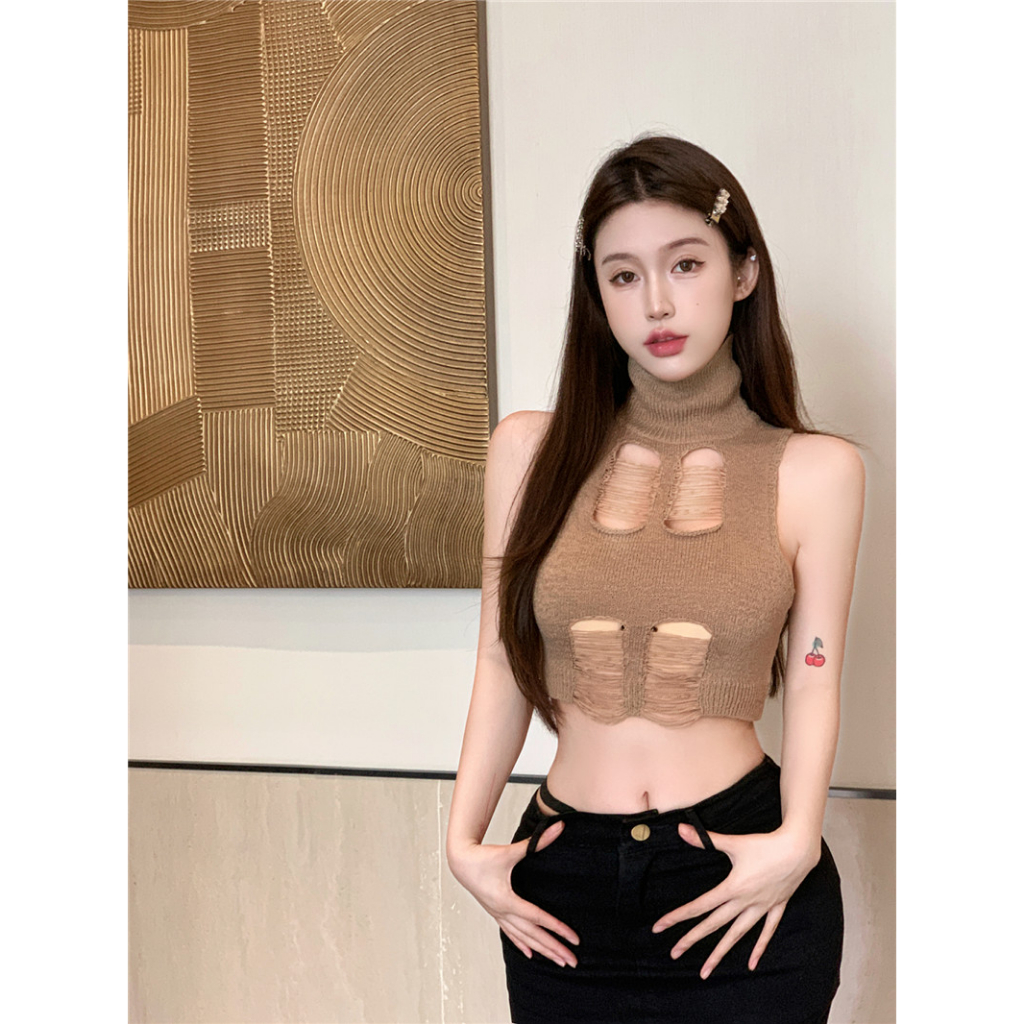 QADCOL Áo Dệt Kim Sát Nách Cổ Cao Màu Đen Quyến Rũ Thời Trang Mùa Hè Cho Nữ