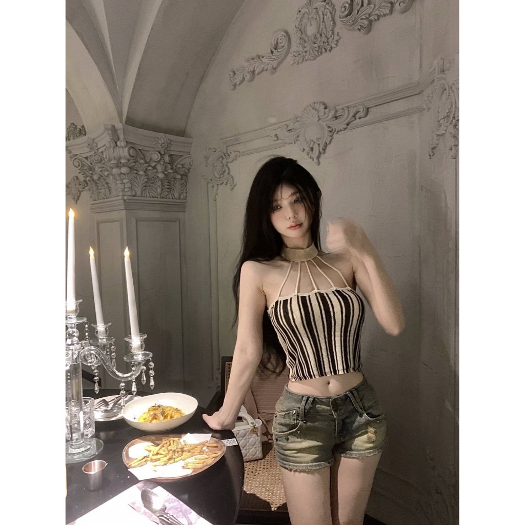 QADCOL Áo Dệt Kim Sát Nách Kẻ Sọc Dọc Trẻ Trung Hợp Thời Trang Hè Cho Bạn Gái