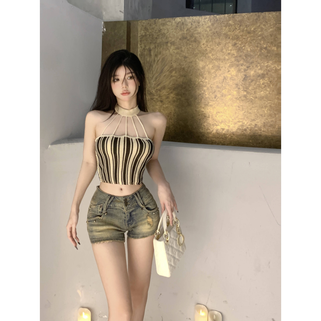 QADCOL Áo Dệt Kim Sát Nách Kẻ Sọc Dọc Trẻ Trung Hợp Thời Trang Hè Cho Bạn Gái