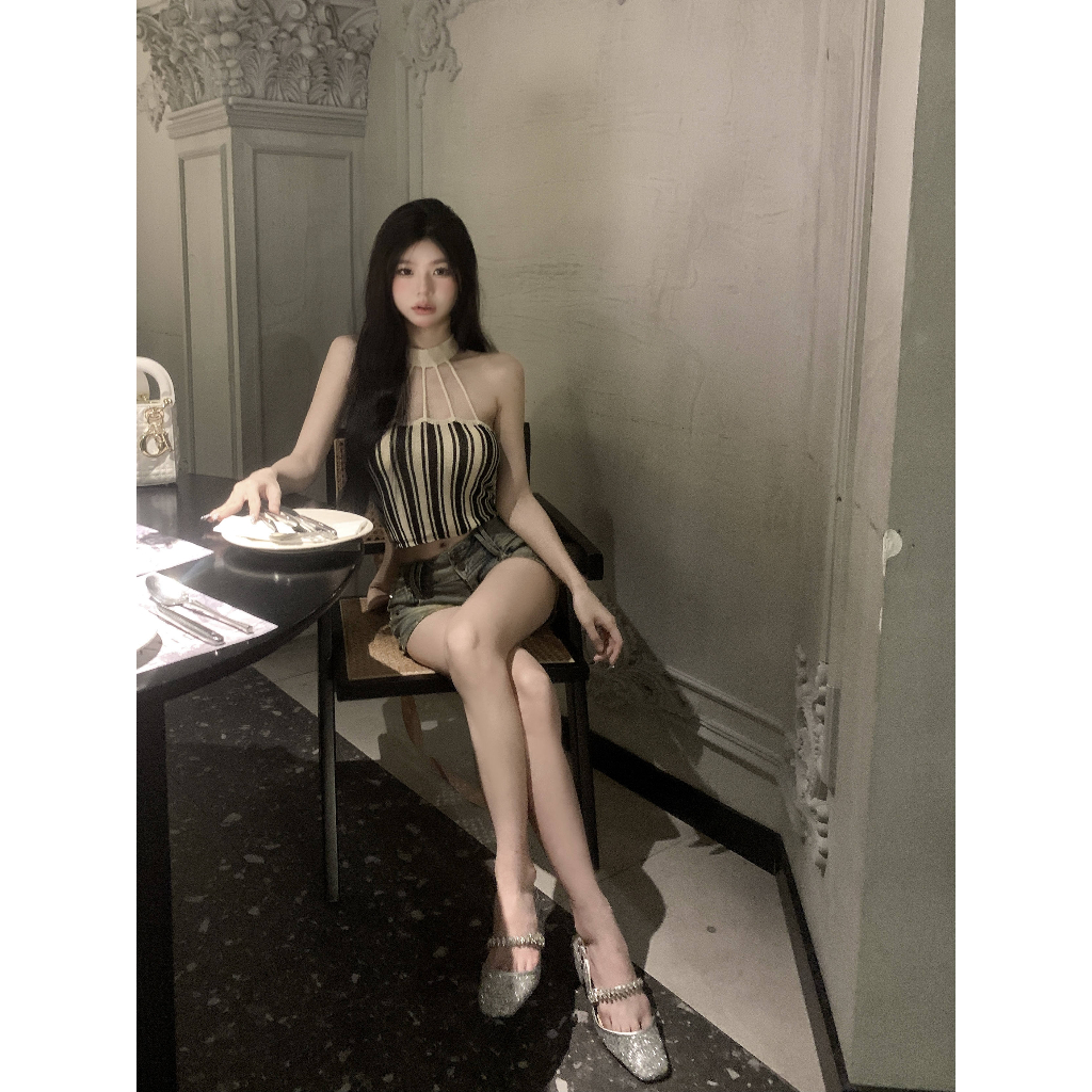 QADCOL Áo Dệt Kim Sát Nách Kẻ Sọc Dọc Trẻ Trung Hợp Thời Trang Hè Cho Bạn Gái