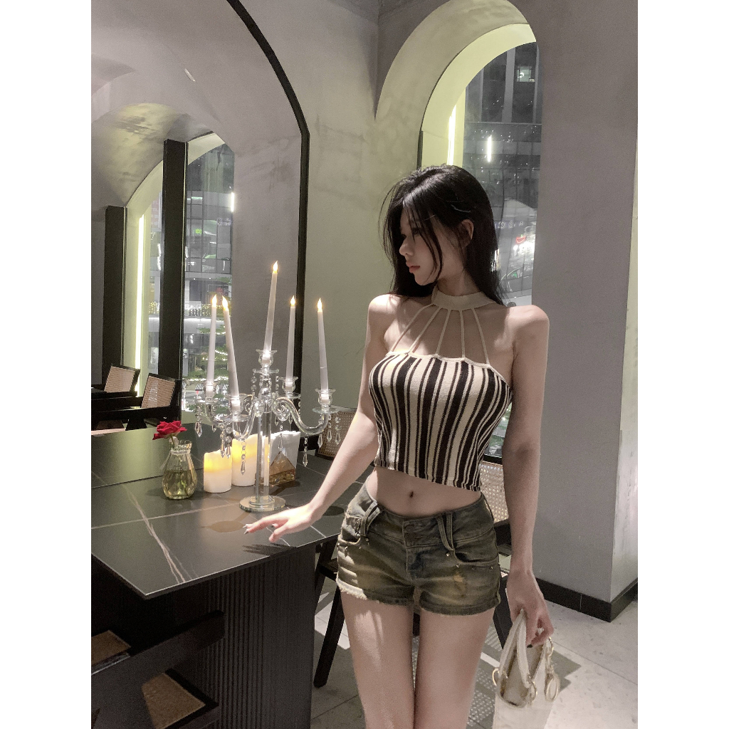 QADCOL Áo Dệt Kim Sát Nách Kẻ Sọc Dọc Trẻ Trung Hợp Thời Trang Hè Cho Bạn Gái