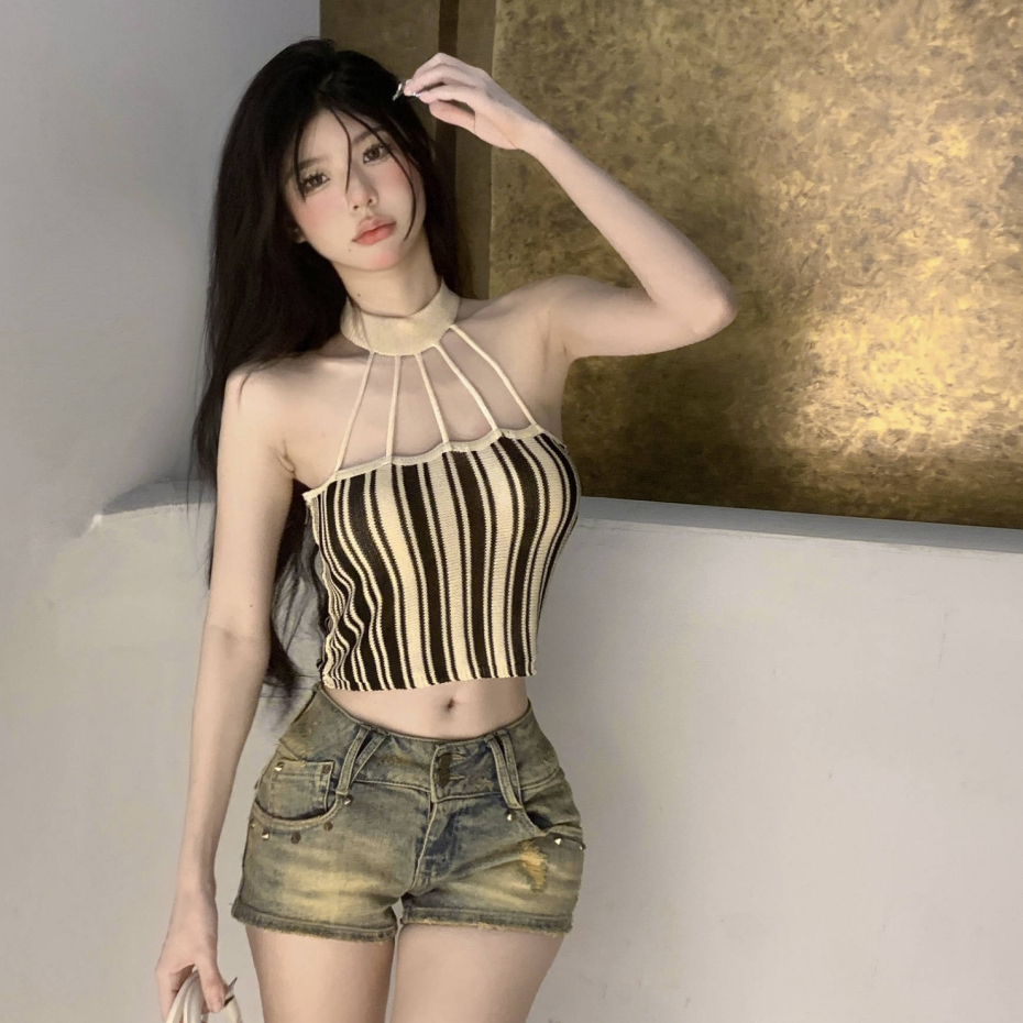 QADCOL Áo Dệt Kim Sát Nách Kẻ Sọc Dọc Trẻ Trung Hợp Thời Trang Hè Cho Bạn Gái