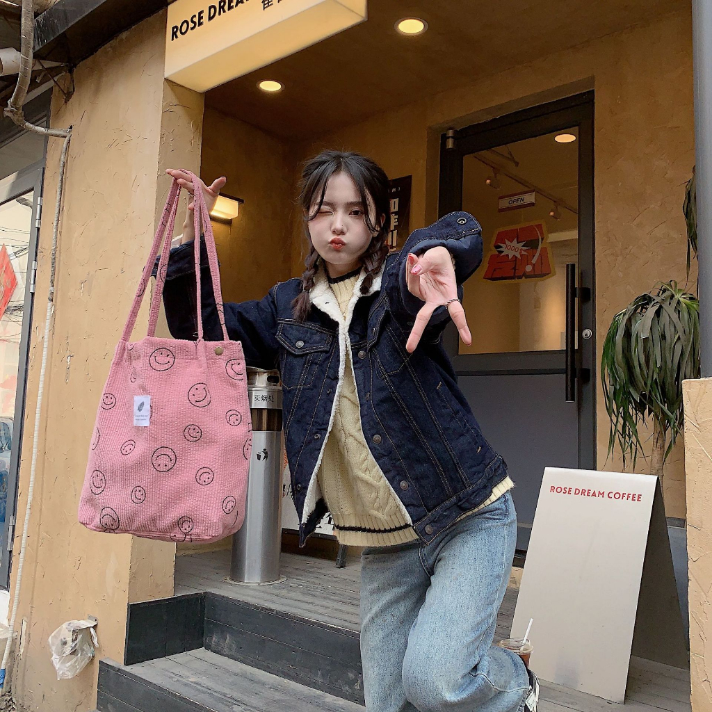 Alphaz Túi Xách Vải Nhung Họa Tiết Mặt Cười Phong Cách Vintage Thời Trang