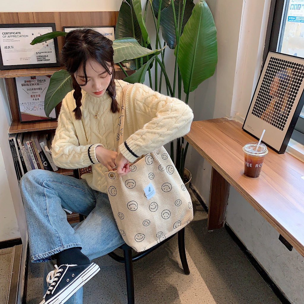 Alphaz Túi Xách Vải Nhung Họa Tiết Mặt Cười Phong Cách Vintage Thời Trang