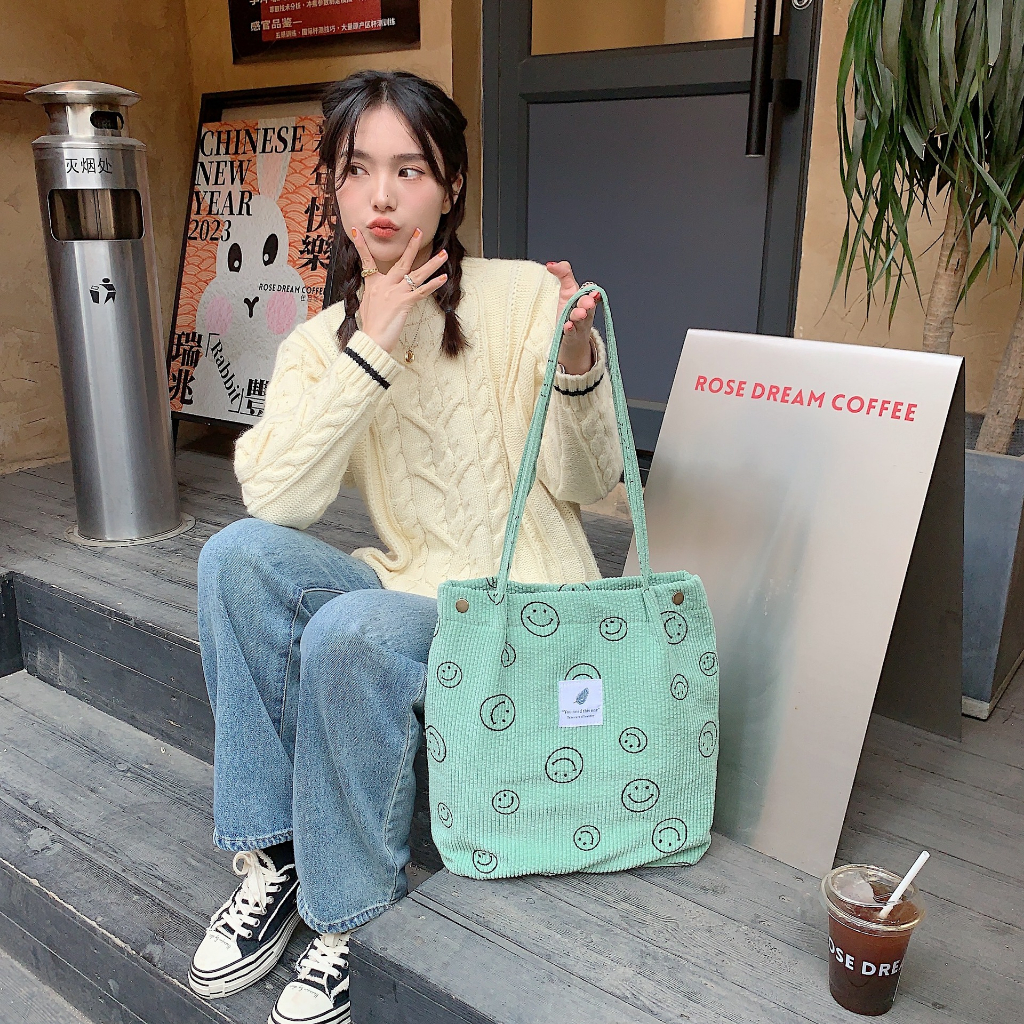 Alphaz Túi Xách Vải Nhung Họa Tiết Mặt Cười Phong Cách Vintage Thời Trang