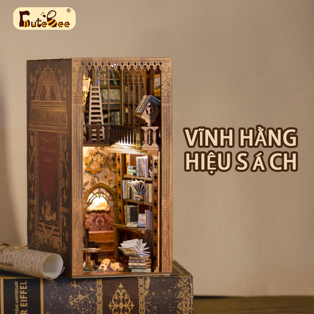 Cutebee 【Hiệu Sách Vĩnh Cửu】Góc Sách Tự Làm Có Đèn Led Và Nắp Che Bụi, Giá Sách Bằng Gỗ 3D Ngôi Nhà Thu Nhỏ Có Đầu Sách Dành Cho Trẻ Em/Quà Tặng Ngày Lễ Của Bạn Bè