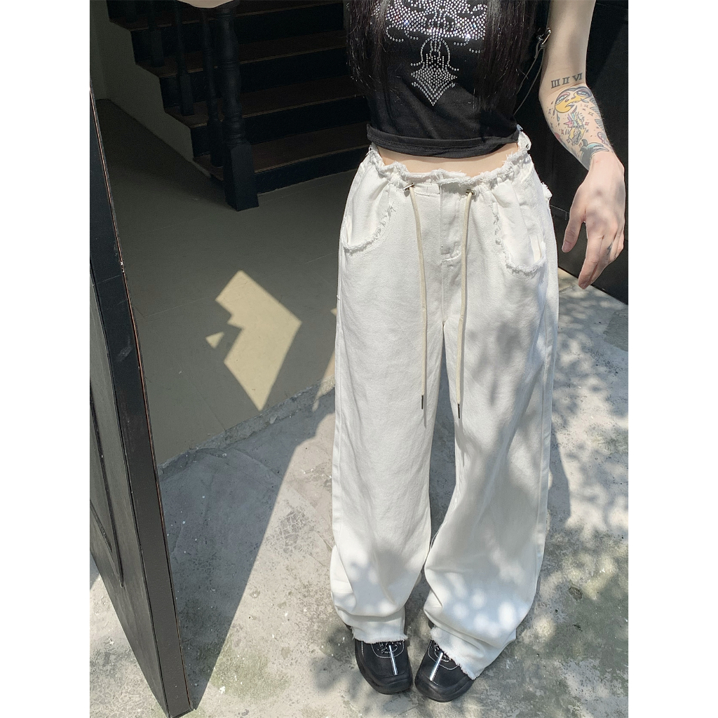 【JMWOMEN】Quần Dài Denim Ống Rộng Lưng Cao Phối Dây Rút Thời Trang Mùa Hè Năng Động