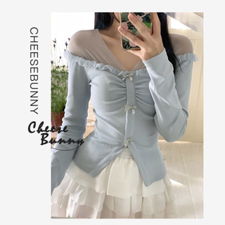 CheeseBunny Áo Thun Phối Lưới Thắt Nơ Phong Cách Hàn Quốc Thời Trang Mới 2023