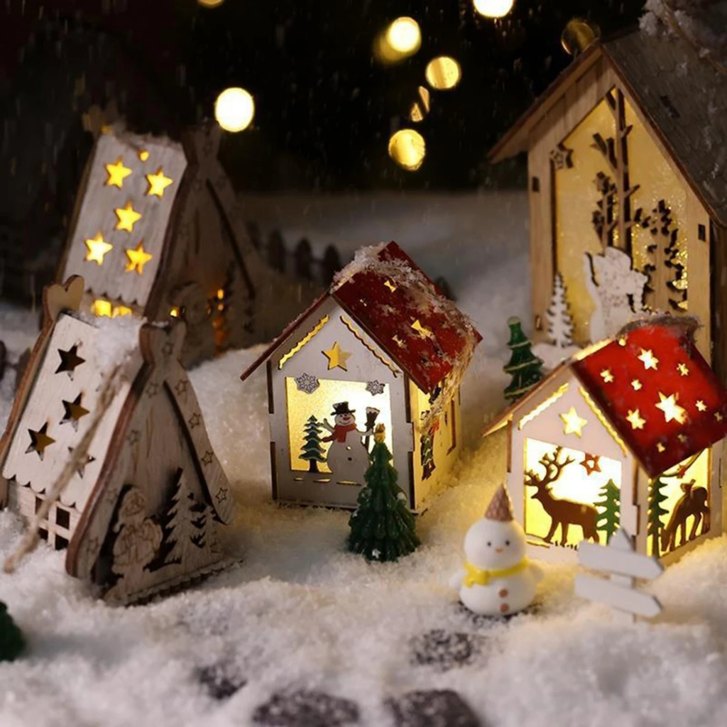 Ngôi Nhà Gỗ Có Đèn LED Phát Sáng DIY Trang Trí Giáng Sinh Năm Mới