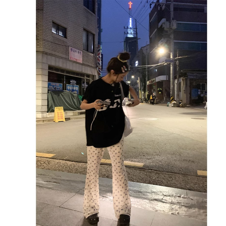 Ethelgirl Quần Dài Ống Loe Lưng Cao In Họa Tiết Thời Trang Mùa Hè Phong Cách Hàn Quốc Cho Nữ