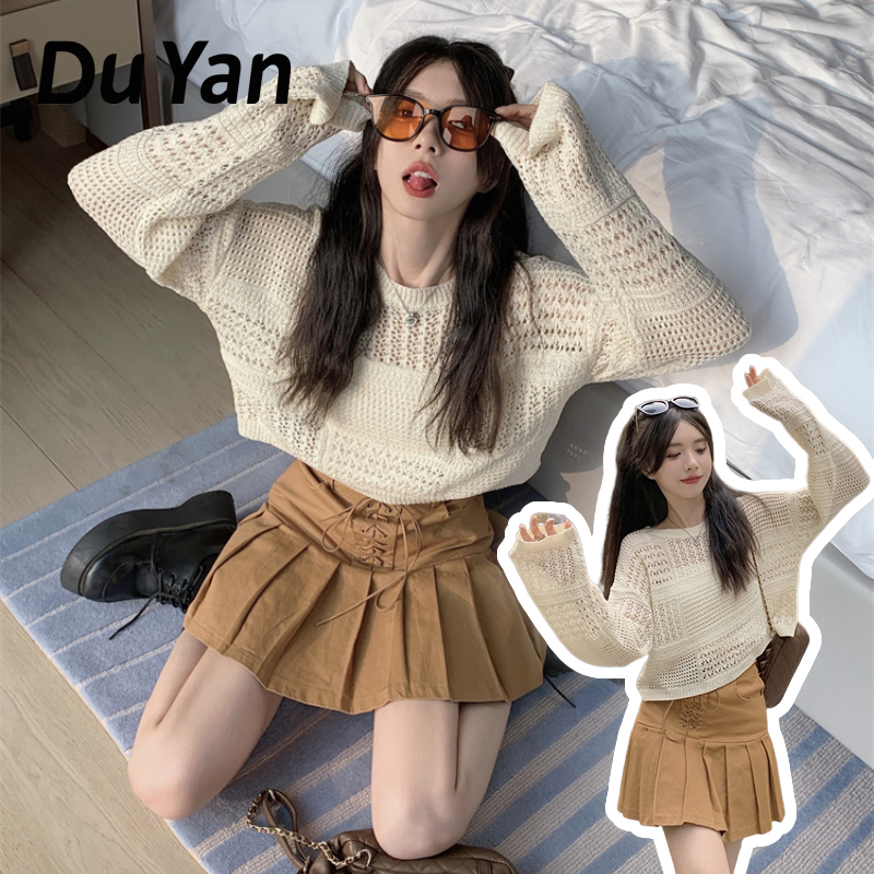 Du YAN Áo sweater Dệt Kim Mỏng Tay Dài Khoét Lỗ Nhẹ Màu Trong Suốt Cho Nữ