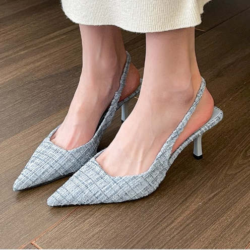 Free Ship Giày cao gót / Sandal Nữ 7 Phân mũi nhọn hở gót phối Màu Be