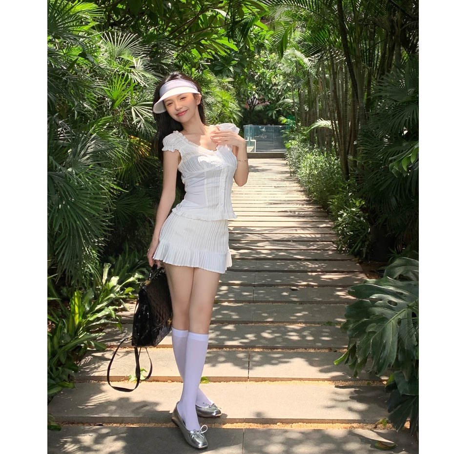 「Nonfatgirl」Bộ Áo Ngắn Tay Phối Ren Xếp Ly + Chân Váy Ngắn Lưng Cao Phong Cách Pháp Ngọt Ngào Cho Nữ