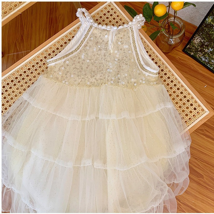 Cô gái váy công chúa mùa hè thời trang sequins lưới áo sling váy