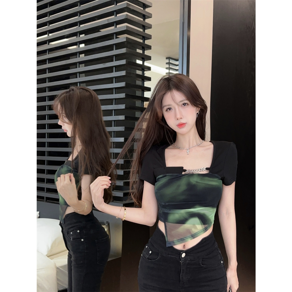 Áo Thun Tay Ngắn Cổ Vuông Thiết Kế Mới Thời Trang Mùa Hè Theo Phong Cách Hàn Quốc Cho Nữ