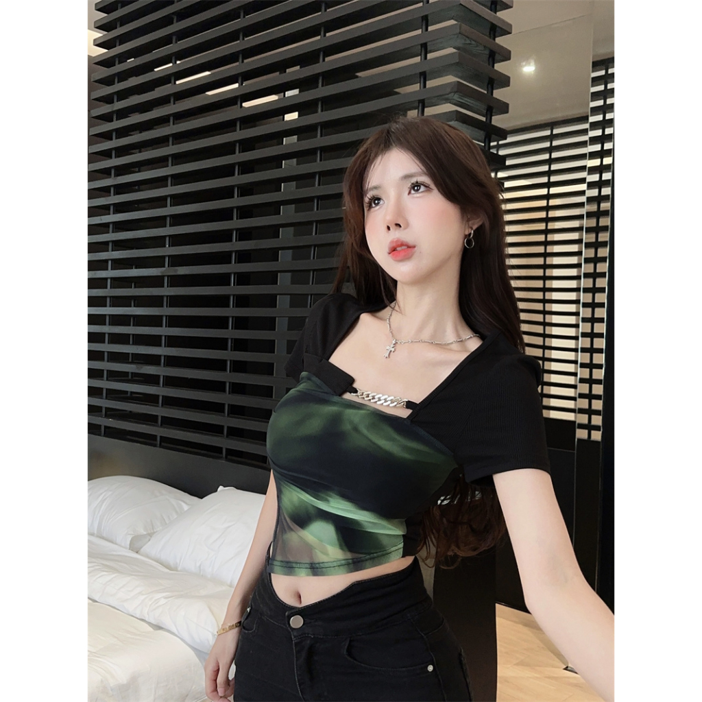 Áo Thun Tay Ngắn Cổ Vuông Thiết Kế Mới Thời Trang Mùa Hè Theo Phong Cách Hàn Quốc Cho Nữ